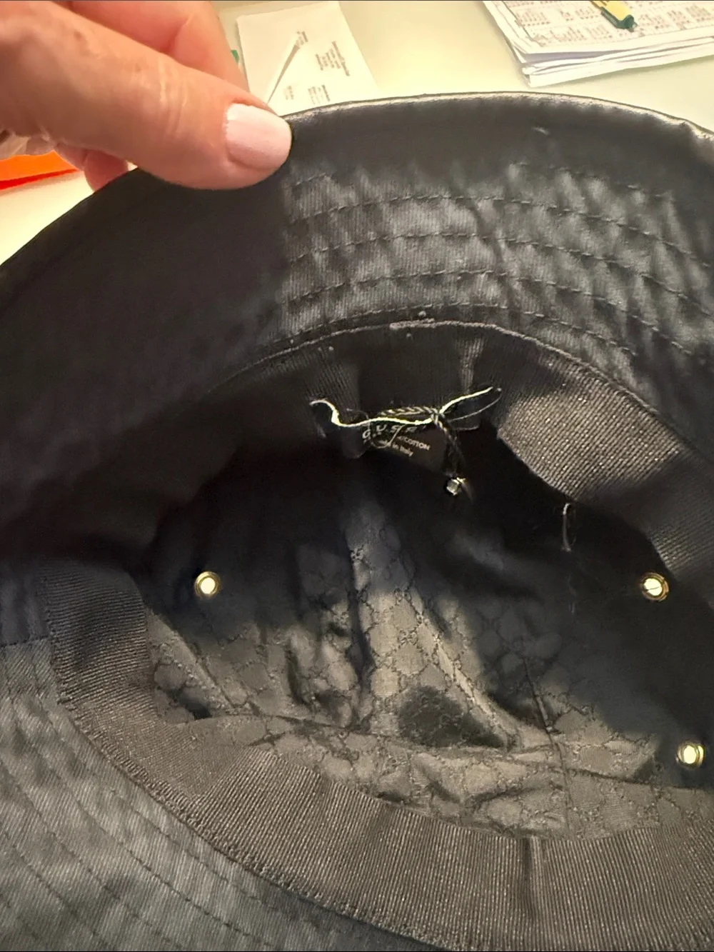 Gucci Black Bucket Hat with Brown Web Trim and Gold Plaque